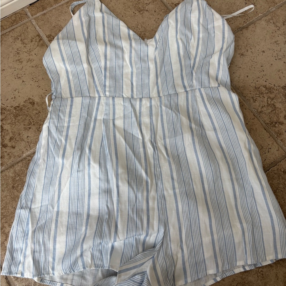 Light Blue and White Striped Jumpsuit with Sweetheart Neckline